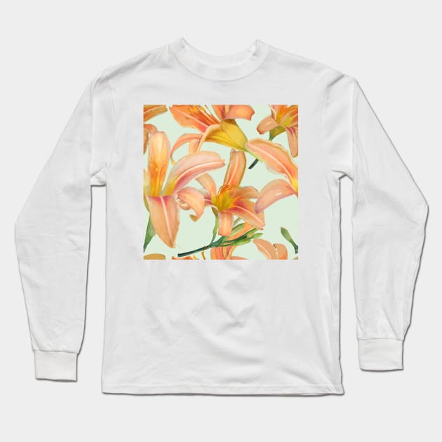 Tiger Lilies on Pale Green Long Sleeve T-Shirt by ArtticArlo